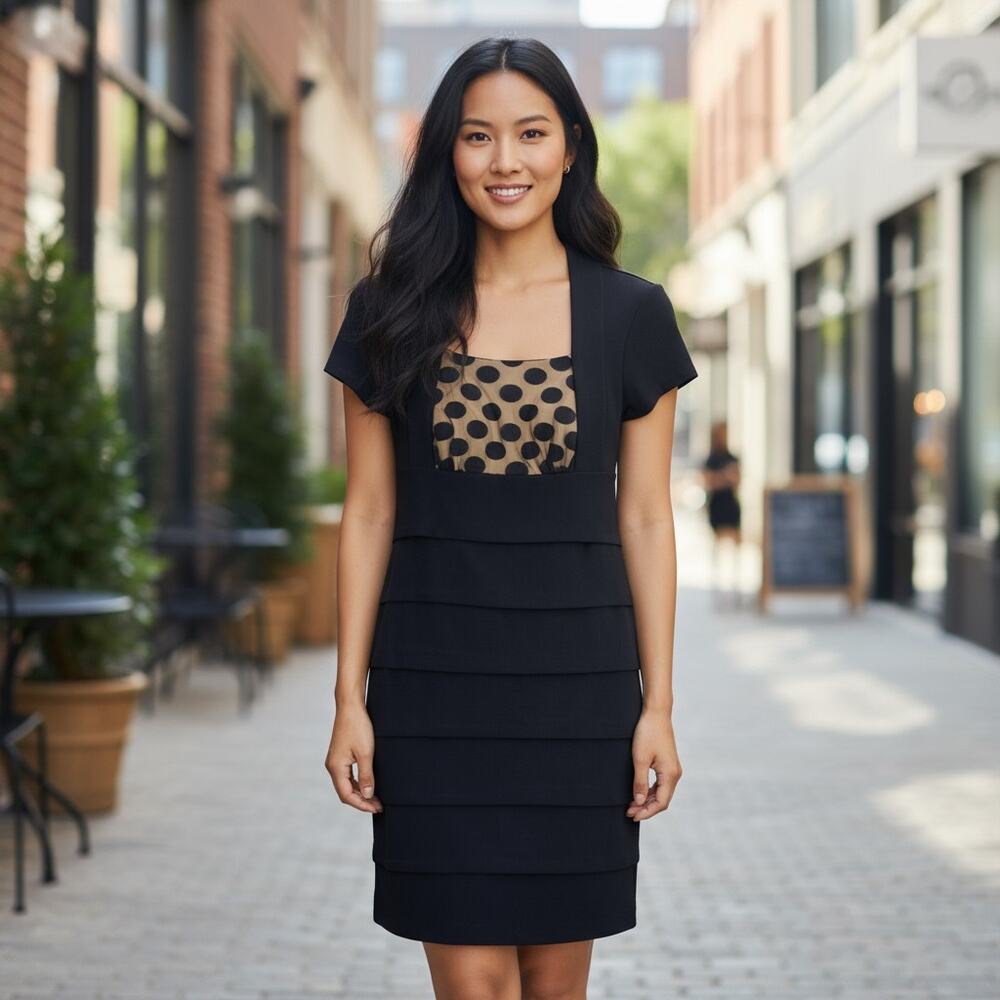 St. Tropez dress 6 black short sleeve polka dot mesh overlay tiered sheath Y2K